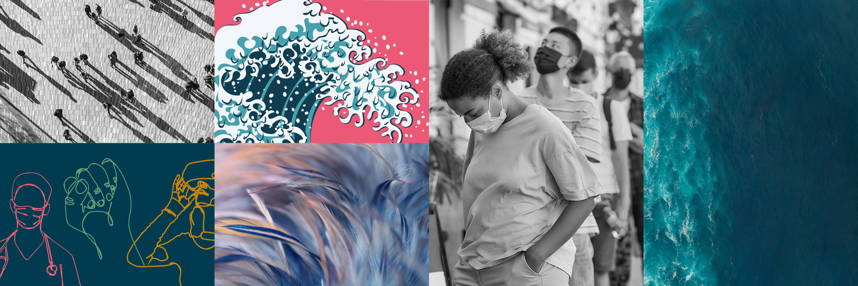 Decorative images: photograph of a crowd, a protest, a leaf detail, the sea and people in a queue Decorative images: photograph of a crowd, a protest, a leaf detail, the sea and people in a queue